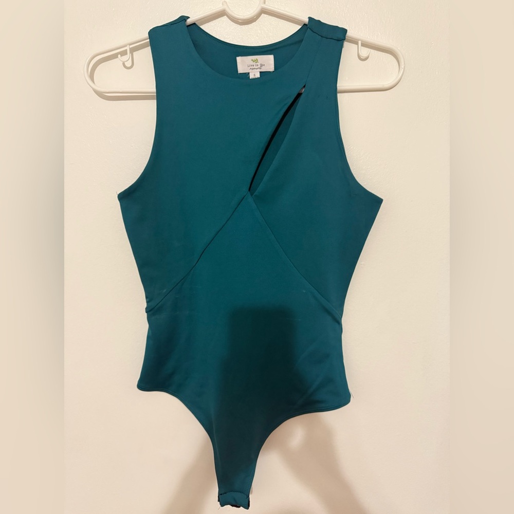 Blue Sleeveless Bodysuit with High Neckline